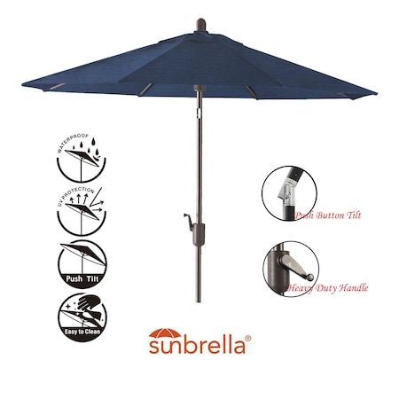 9' X 7' Rectangular Push Bottom TILT Market Umbrella- Black Sapphire Frame (Fabric: Sunbrella- Navy)